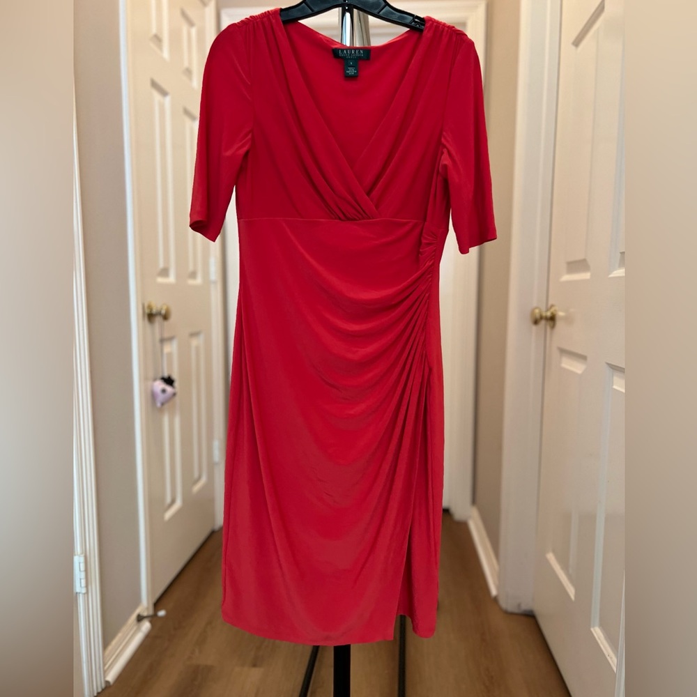 Ralph Lauren Red V-Neck Ruched Wrap-Style Dress